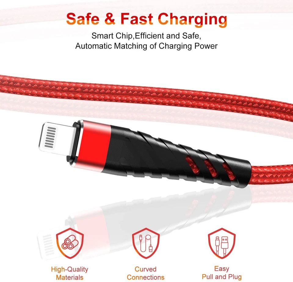 Braided Fast Charger Cable Heavy Duty USB lot Cord For iPhone 14 13 12 11 X XR 8 - Image 3 of 4