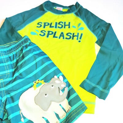 Gymboree 2T Boys Swim Set Rashguard Shorts Elephant Frog Green 2 pce NWT