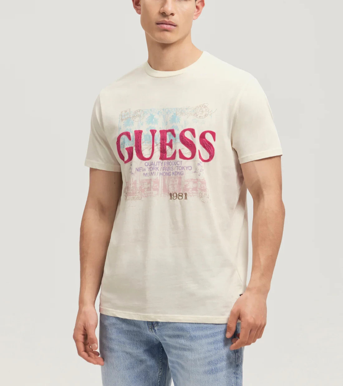 Мужская эко-бежевая футболка GUESS World Stamps цена 39 долларов размер XXL 3690₽