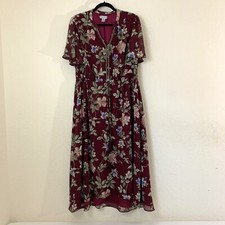 Tommy Bahama Midi Dress Women M Painted Petal Burgundy Floral Bead Sheer Flutter
