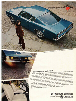 #ad Vintage 1967 Plymouth Barracuda Blue 383 V 8 Formula S package print ad $10.43