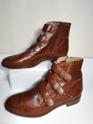 BOCAGE Women's Leather Studded Boots Kosmos Cognac Brown Size 37 (US 6.5) 160 