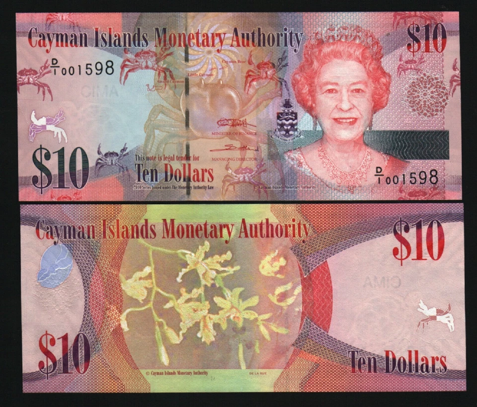 Islas Caimán 10 DÓLARES P-40 2010 serie baja # UNC D/1 Queen Crab Dinero NOTA Foto 3 de 3