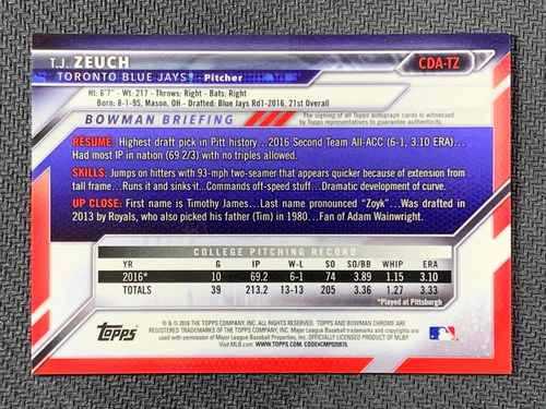 TJ Zeuch CDA-TZ Chrome Autograph Topps Baseball Card MLB 2016 - Picture 3 of 3