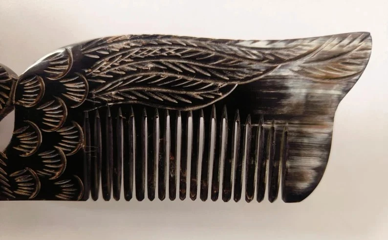 Peine cuerno barba, cuerno de búfalo cuidado del cabello, cabello largo cabeza masaje bienestar sca Foto 3 de 4