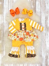 HALLOWEEN OR THANKSGIVING MUSTARD ORANGE PUMPKIN FLORAL RUFFLE ROMPER -0/3 MO