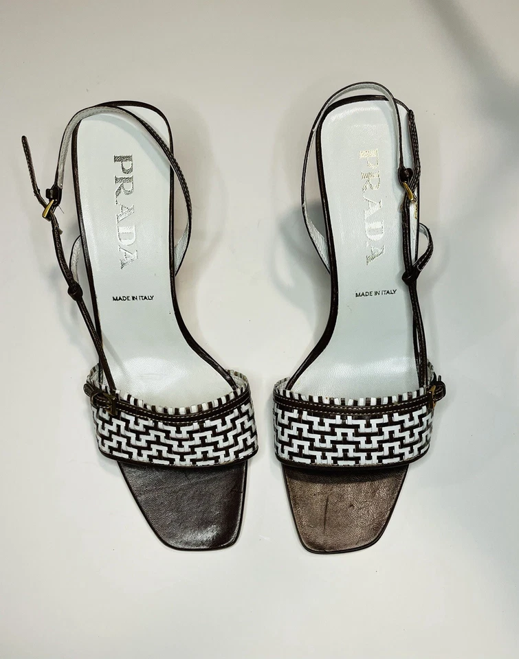 Hermosos tacones al tobillo de dominó tejidos auténticos de Prada para mujer talla 38,5 Foto 2 de 4