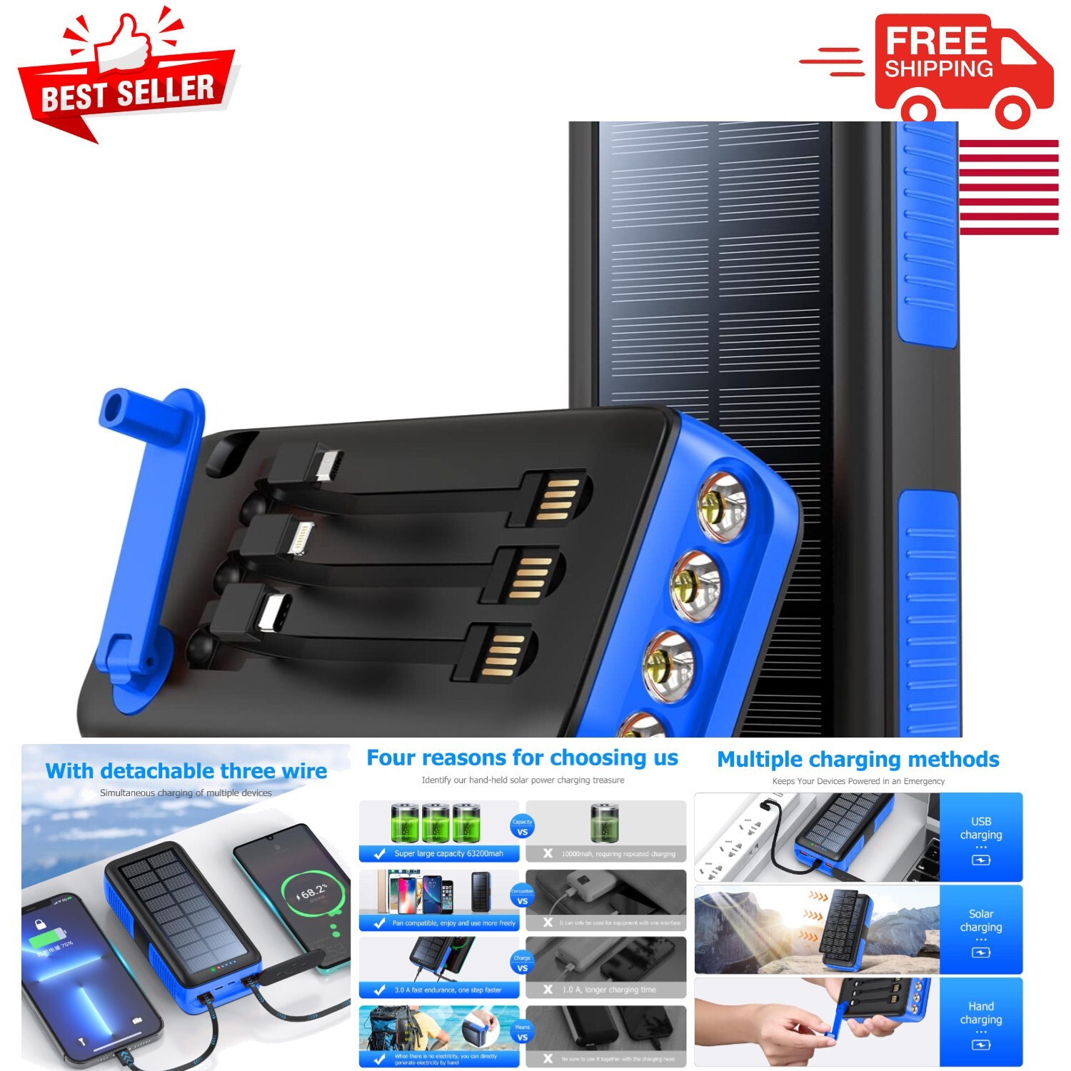 Durable Solar Charger Power Bank 63200mAh - Waterproof & Fast Charging Design