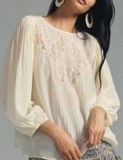 New $225 Farm Rio x Anthropologie Lace Inset XS Ivory Pintuck Silky Relaxed-Fit