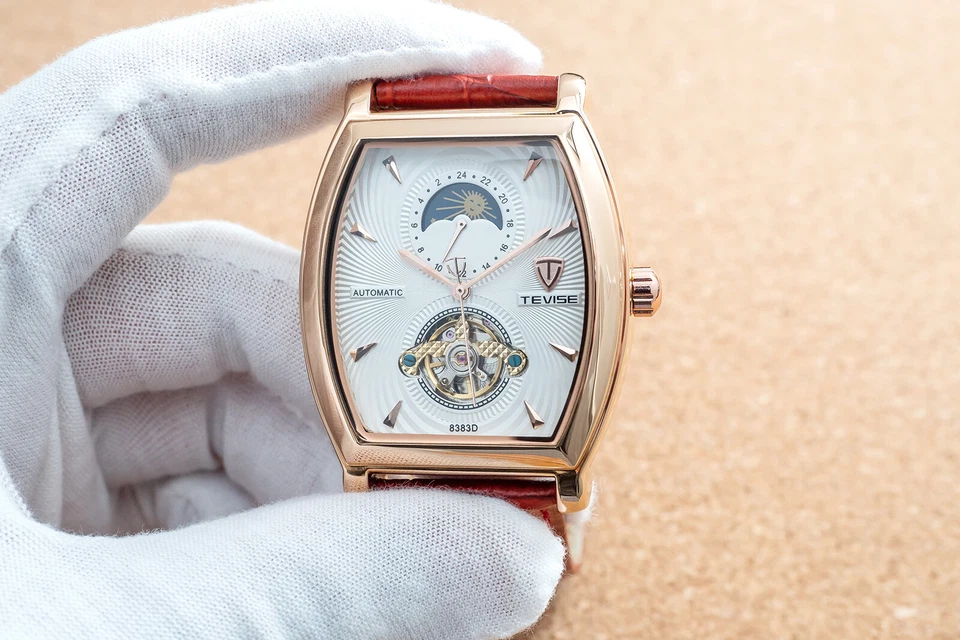 Reloj mecánico automático fase lunar oro rosa para hombre cuero rojo esfera 24 horas Foto 4 de 4