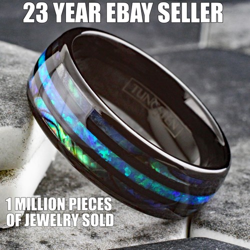 8mm Black Tungsten Carbide Abalone Hawaiian Blue Opal Men's Wedding Band Ring - Picture 2 of 12