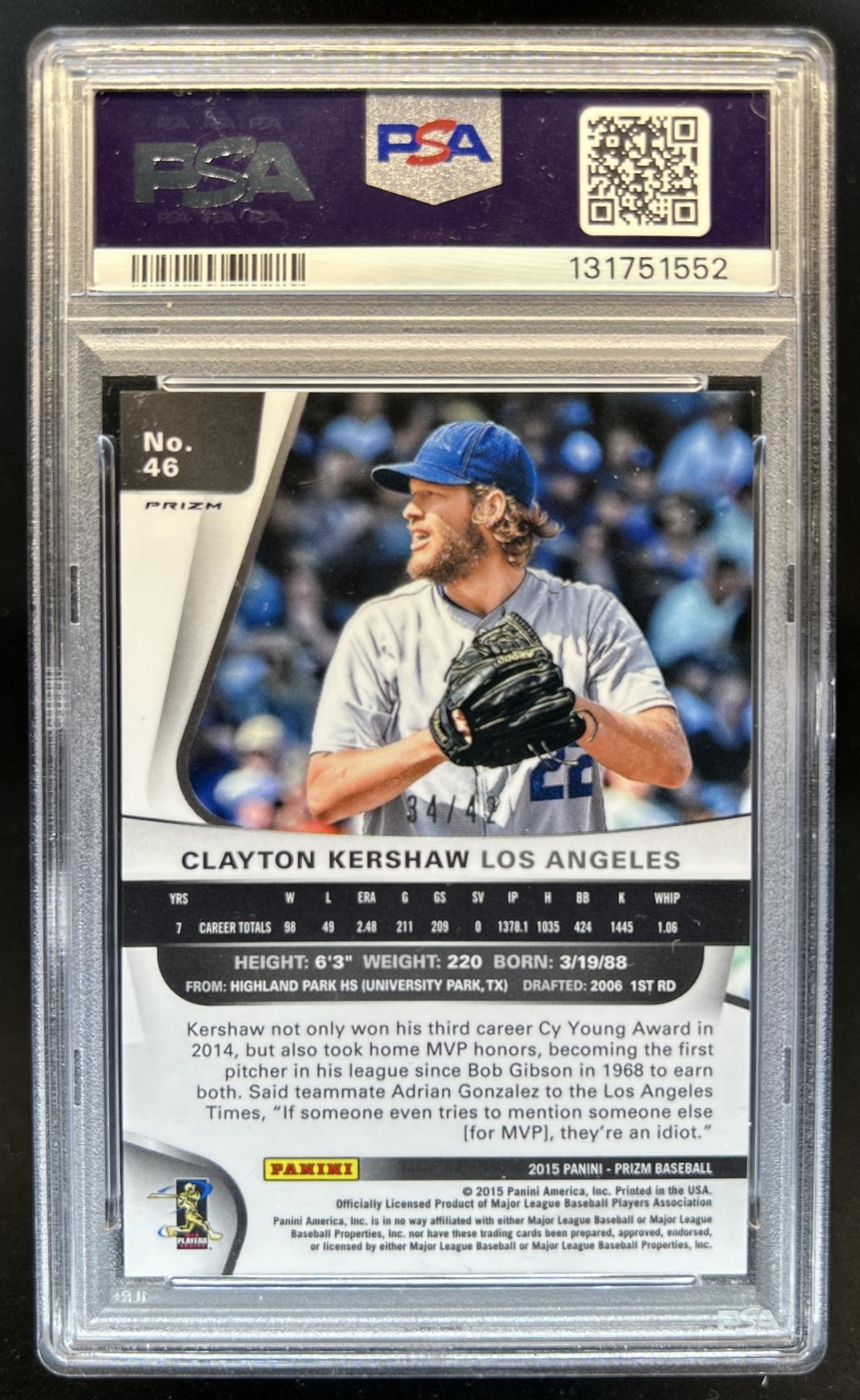 2015 Panini Prizm Clayton Kershaw Jackie Robinson Prizm #/42 Dodgers PSA 9 view 2