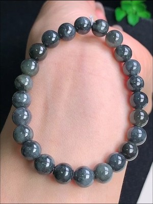 Natural Icy Black 乌鸡种 Jadeite Jade 7.8MM Beads Elastic Bangle Bracelet Grade A