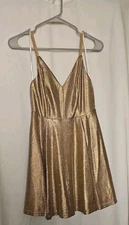 Lulus Keeps Getting Better Metallic/Gold Skater Dress S Pockets Adjustable Strap