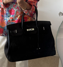Large Black Pebbled Leather Top Handle Bag Silver Hardware