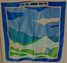 Mid-Century SCENIC Rolled Edge Head Scarf 26" x 26"  LANDSCAPE TREES Design