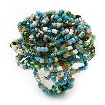 Großer Blumen Stretch Ring mit hellblau/grün/weißen Glasperlen