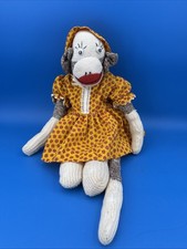 Vintage Handmade Girl Sock Monkey Doll With Hat And Floral Dress