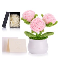 Pink Eternal Rose Crochet Preserved Roses Forever Knitted Flower for Birthday...
