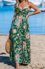 NWT Cupshe Women's Long Green Floral  Size Small Back Tie Dress