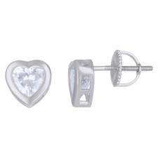 925 Sterling Silver Womens Heart Cubic-Zirconia Heart Stud Earrings