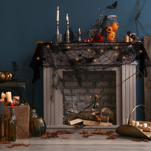Halloween Decorations Indoor - Mantel with String Lights Lace Spiderweb