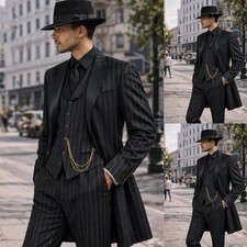 Black Striped Men's Suits 3Pcs Evening Dinner Party Long Jacket Peak Lapel Coat