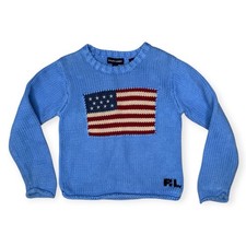 Vintage Ralph Lauren Kids American Flag Sweater 4/5 Roll Hem Knit Crewneck Blue
