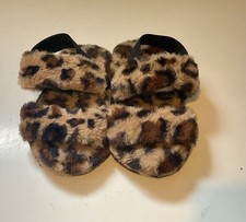 Faux Fur Leopard Print Sling Back Open Toe Slippers With Sole Girls Sz 1