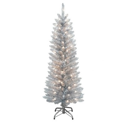 NEW TRENDY PULEO INTERNATIONL RETRO TRENDY 4ft SILVER  PRE-LIT Tinsel XMAS TREE