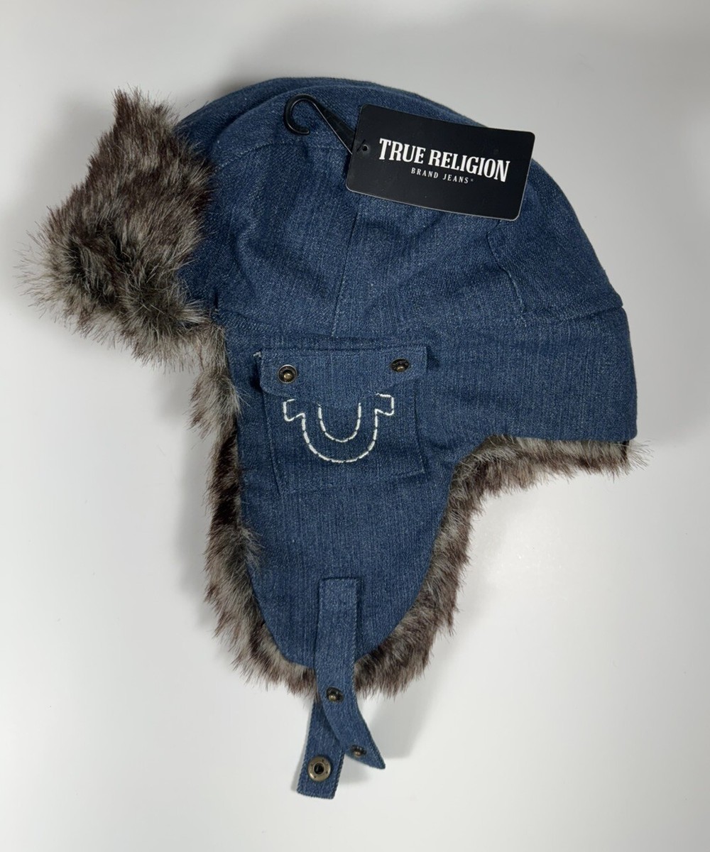 TRUE RELIGION Faux Fur Denim Trapper Hat Beanie Blue Men's OSFA