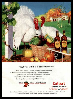 1947 Calvert Blended Whiskies Turkeys Fall Squash Pumpkins Thanksgiving Print Ad
