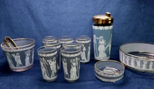 Grecian Figures Blue White Gold 11 pc Barware Set Cocktail Shaker Greek MCM Ice