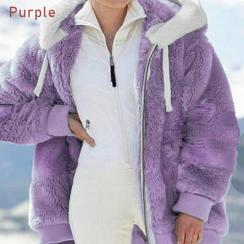 Women's Winter Warm Loose Plush Plain Color Zipper Hooded Jacket Coat Plus - Picture 5 of 11