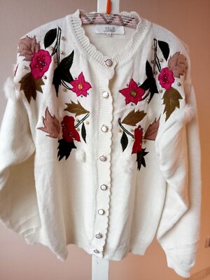 Damen Strickjacke Jacke 44 H.D.L.D. Beige Creme Blumen Perlen