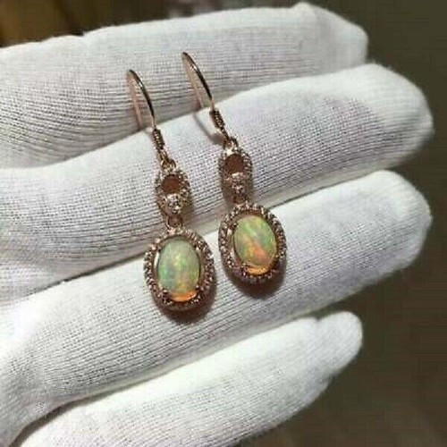 Beautiful 3Ct Oval Cut Fire Opal Drop/Dangle Earrings Solid 14K Rose Gold Finish - Picture 4 of 4