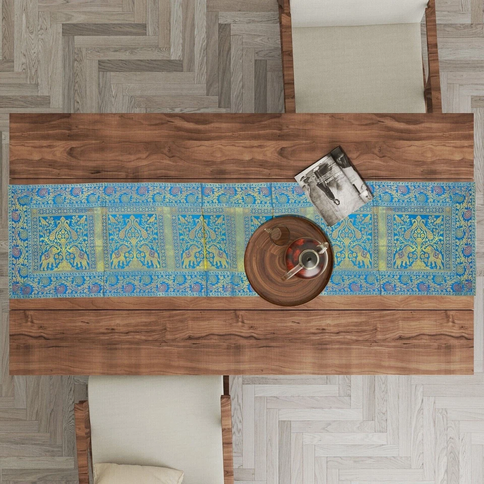 Indian Silk Brocade Christmas Decor Dining Table Runner Banarasi Runner 60X16 In - Image 3 of 3