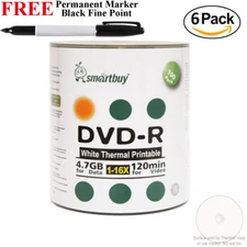 600 Smartbuy 16X DVD-R 4.7GB White Thermal Printable Disc Black Permanent Marker