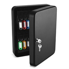 Key Cabinet Steel Lock Box with 60 capacity Colored key Tags Hooks - Black