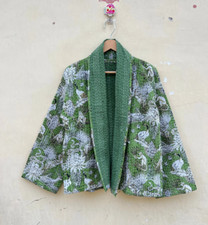 Cotton Kantha quilted Short Jacket Handmade floral Print coat for Women Kimono