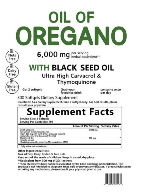 Oregano Oil 6000mg 300gels Contains Carvacrol and Thymoquinone