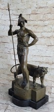 Roman Warrior with a Wilf tiger Holding Spear Genuine Bronze Sculpture Statue