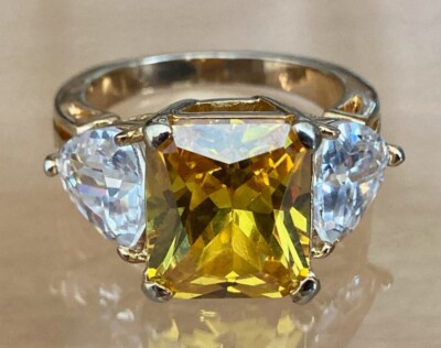 Golden Citrine & White Cubic Zirconia Stones Dress Ring Large . Ring Size 8