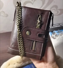 Fashion Mens Bifold Clutch Leather RFID Wallet Card Holder Purse with Chain Gift