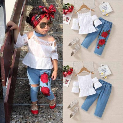 Toddler Kids Baby Girl Summer Lace Tops Jean Denim Pants Clothes Outfits  Set