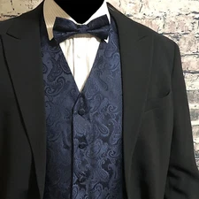 Navy blue Paisley Vest Waistcoat & Bow tie Formal Wedding Prom Tuxedo Suit 2pcs