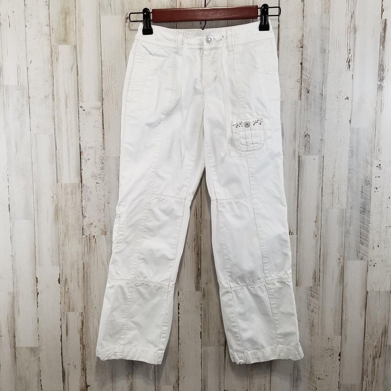 Justice Girls Pants 8 Reg Cream White Cargo Rhinestone Embellished Ties at Waist