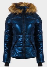 Blue Puffer Jacket M Fur Hood Metallic Xoxo Bnwt