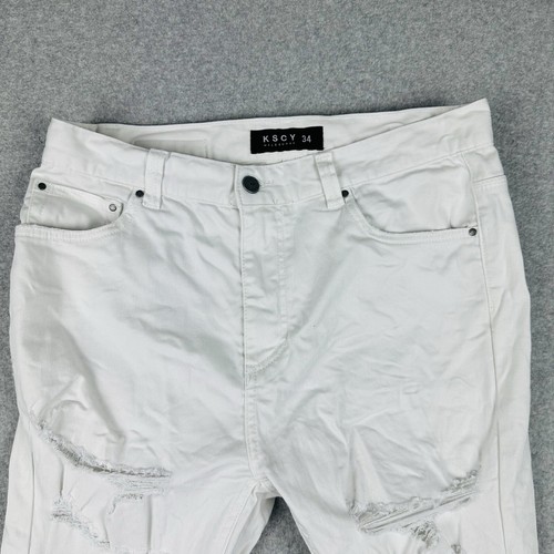 Pantalones de mezclilla KSCY Kiss Chasey K1 súper ajustados blancos destruidos al tobillo talla 34 desgastados - Imagen 5 de 16