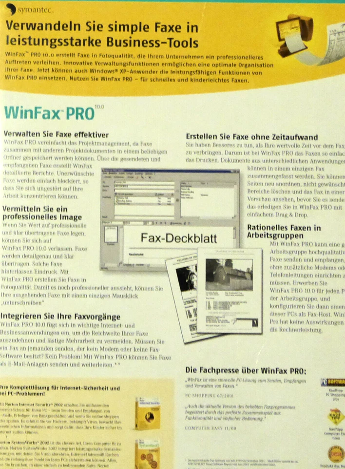 WinFax Pro 10.0 von Symantec Software CD für XP ME 2000 mit Anleitung in ovp. - Bild 2 von 3
